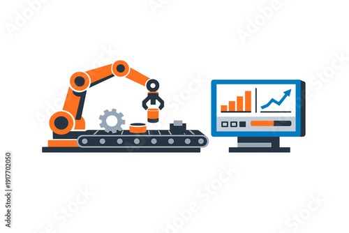 A flat vector illustration showing an orange robotic arm working on a conveyor belt next to a computer monitor displaying data charts and graphs on a black background.