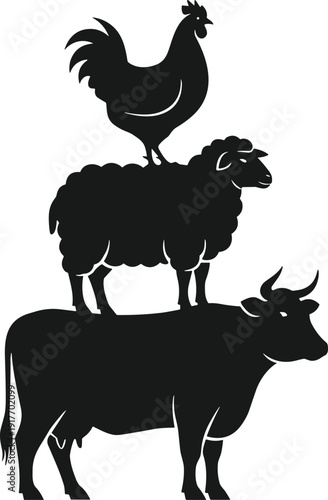 Stack of farm animal silhouettes featuring a rooster sheep and cow for agricultural branding butchery shop signage livestock farming and rural country life design