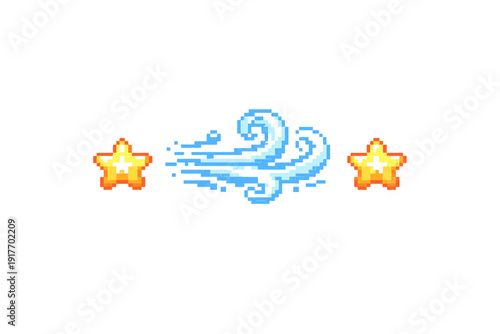 A pixel art graphic depicting a swirling blue wind icon flanked by two bright yellow stars against a black backdrop, ideal for vintage gaming or digital interface design.