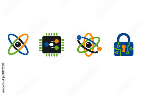 Four stylized icons representing science and technology are displayed on a black background, featuring an atom, a computer chip, a molecular orbit, and a secure digital padlock.