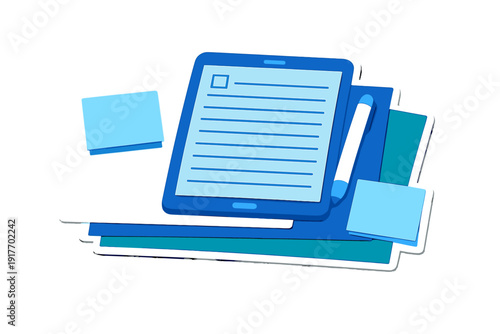 A flat illustration of a blue digital tablet displaying text lines, accompanied by a stylus, sticky notes, and stacked papers in shades of blue and white on a dark background.