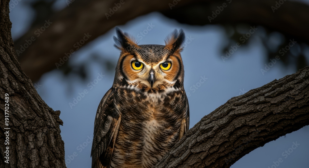 Fototapeta premium Owl perched on tree branch at dusk