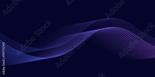 Dark abstract background with glowing wave. Shiny moving lines design element. Modern purple blue gradient flowing wave lines. Futuristic technology concept. Vector illustration