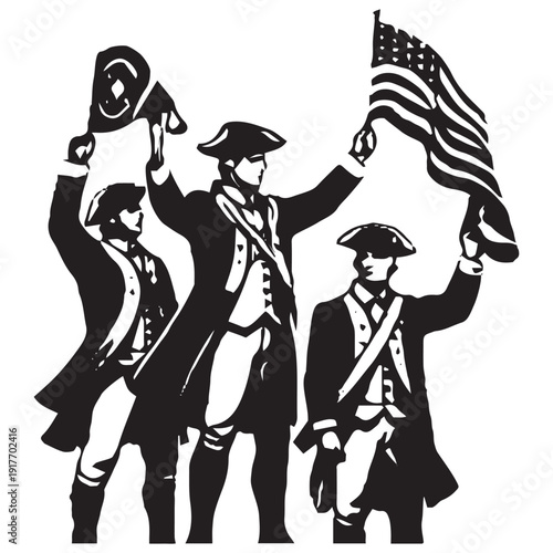 Colonial Patriots Holding American Flag - Revolutionary War Independence Illustration