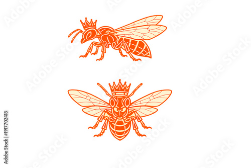 Two orange illustrations of a queen bee wearing a crown are shown against a black background. One bee is in profile view while the other is shown from a top-down perspective.