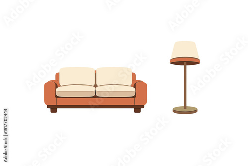 A minimalist illustration of a modern orange sofa with cream cushions and a matching floor lamp set against a solid black background. Perfect for interior design concepts.