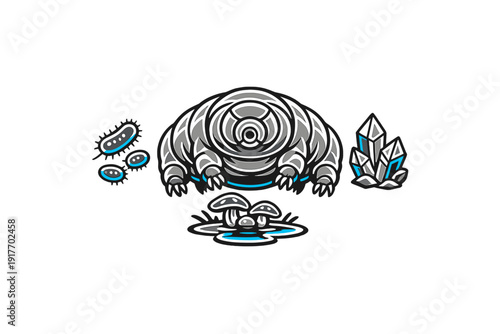 A stylized vector illustration of a tardigrade surrounded by microscopic elements like bacteria, crystals, and mushrooms on a solid black background with blue accents.