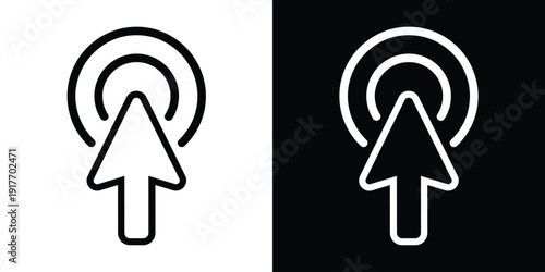 Bold solid upward arrow cursor icon with click rays. Clean black and white graphic for software navigation, selection tools, and interactive digital buttons. Modern minimalist vector.