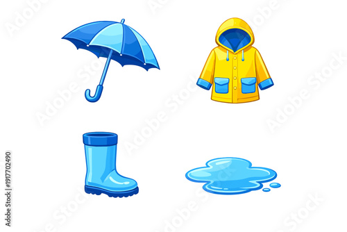 This set includes four glossy cartoon icons: a blue umbrella, a yellow raincoat with blue pockets, a blue rain boot, and a blue water puddle, all on a black background.