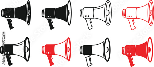 Megaphone in various colors and line styles loudspeaker amplifier communication announcement