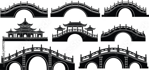 Vector, black, silhouette, set, of, traditional, Asian, stone, bridges, and, pagoda, architecture, for, oriental, garden, travel, and, Chinese, cultural, landscape, design, elements