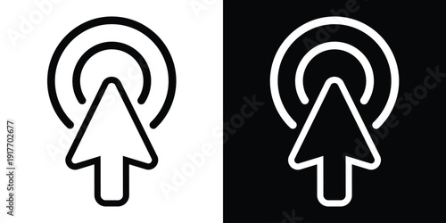 Bold solid upward arrow cursor icon with click rays. Clean black and white graphic for software navigation, selection tools, and interactive digital buttons. Modern minimalist vector.