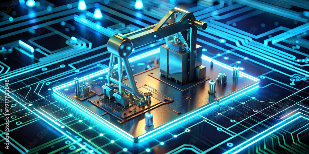 Obraz premium A robotic arm is positioned over a circuit board in a technology lab. It is working on components while blue lights shine on the surface. The setting occurs at night