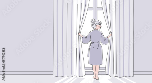 A young woman with fair skin and freckles, dressed in a soft robe, opens the translucent curtains of a large window.  