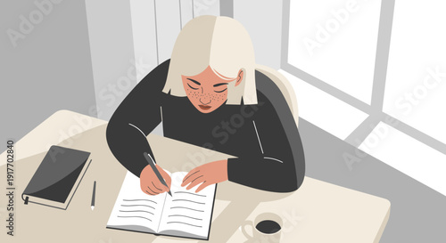 A young woman with fair skin and freckles writes down her emotions in a diary. Vector illustration in Scandinavian minimalism.
