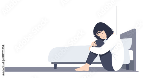 A lonely, petite young woman with East Asian features sits hugging her knees in an abstract bedroom. Flat vector illustration in Japanese minimalism.