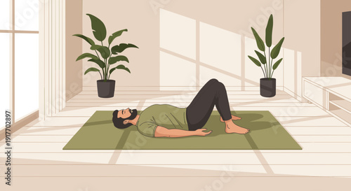 A man with a short beard lies on the floor in a relaxation pose on a mat in a room with plants.