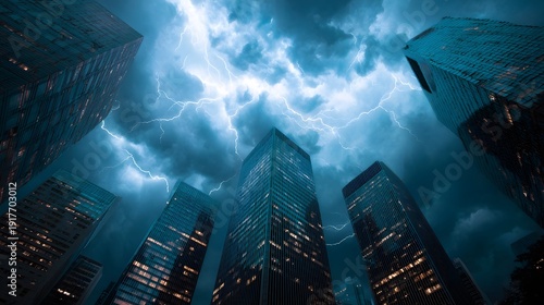 Stormy Skyscrapers: A dramatic cityscape where towering skyscrapers are silhouetted against a backdrop of a tumultuous, electrifying storm.
