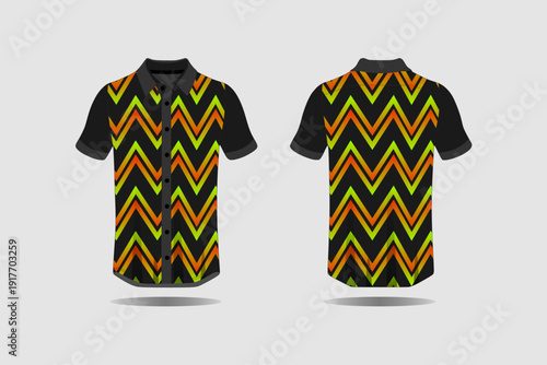 Black Polo Shirt with Colorful Chevron Pattern.