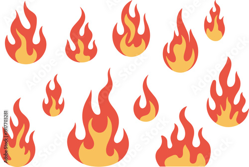 Cartoon fire and flame vector icon set, orange blazing sparks for campfire, heat, and energy design