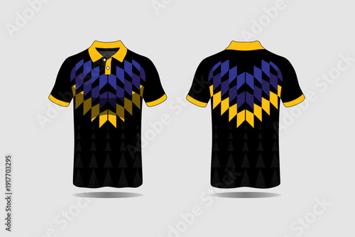 Black Polo Shirt with Yellow and Blue Design.