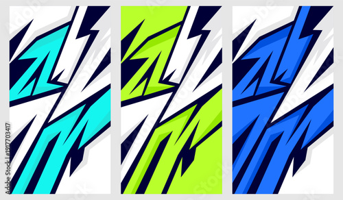 Vibrant decals showcase dynamic designs in blue, green, and white