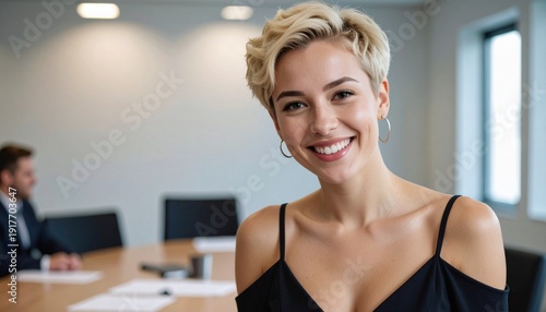 portrait of a professional blonde woman with short hair wearing a black dress in the office Free Download portrait of a professional blonde woman with short hair wearing a black dress in the office - GFXLoad