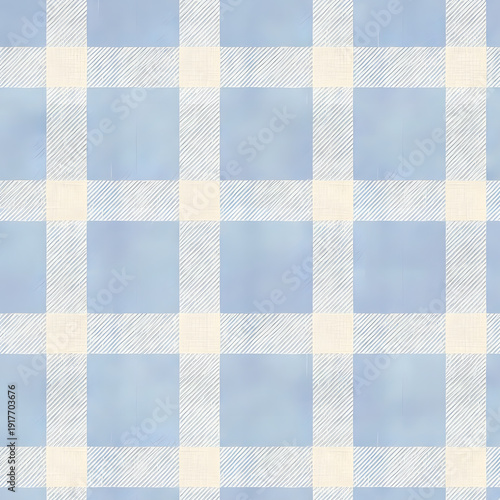 Blue and White Textured Plaid Pattern, Rustic Linen Gingham Background with Hand-Drawn Hatching Lines