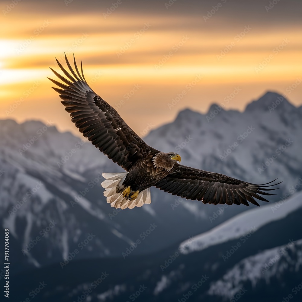 Obraz premium Majestic Eagle Soaring Over Snowy Mountains at Sunset, Wildlife Bird of Prey