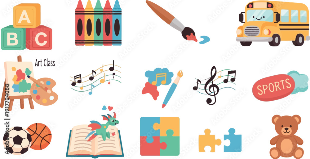 Fototapeta premium A vibrant collection of cartoon illustrations depicting various childhood education, learning, and leisure activities on a white background.