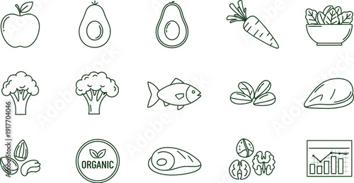 A comprehensive collection of healthy food and nutrition icons featuring fruits, vegetables, proteins, and organic labels.