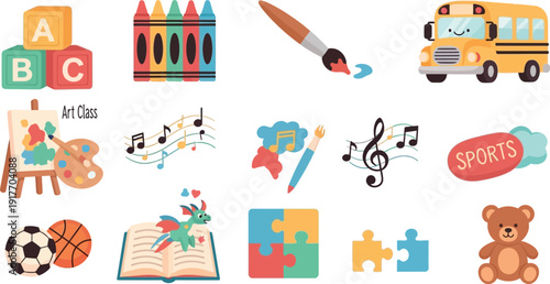 A vibrant collection of cartoon illustrations depicting various childhood education, learning, and leisure activities on a white background.