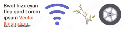 Technology, transportation, nature, communication, network, eco-conscious design. Wireless connectivity symbol, abstract flower and wheel graphic. Technology and transportation concept