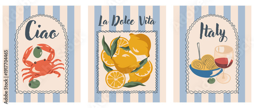 Italian appetizers dishes, background set, posters, postcard collection