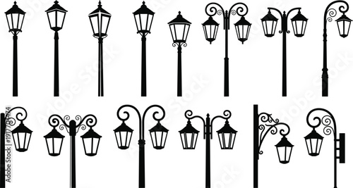 Vintage street lamp silhouette collection set, ornate Victorian and classic lamppost designs isolated on white background vector illustration