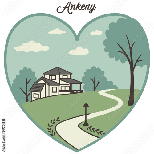 Ankeny Iowa Residential Neighborhood Illustration with Modern House and Path in Heart