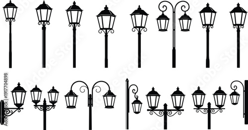 Vintage street lamp silhouettes mega set, classic Victorian and ornate lamppost designs isolated on white background vector illustration