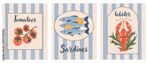 Set of postcards Italian seafood, banners, posters, hello summer, Italy posters