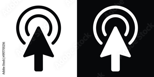 Bold solid upward arrow cursor icon with click rays. Clean black and white graphic for software navigation, selection tools, and interactive digital buttons. Professional flat design vector.