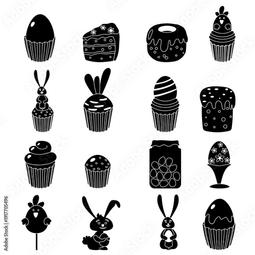 Easter icon set. Black shape sweet bakery food pictograms