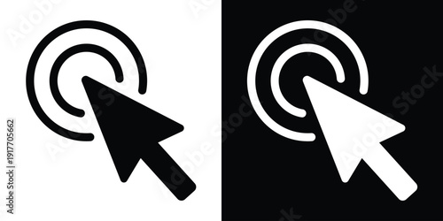Mouse cursor arrow clicking on concentric circle targets. Modern UI icon for user interaction, navigation, and digital selection. Minimalist black and white vector graphics for web design.