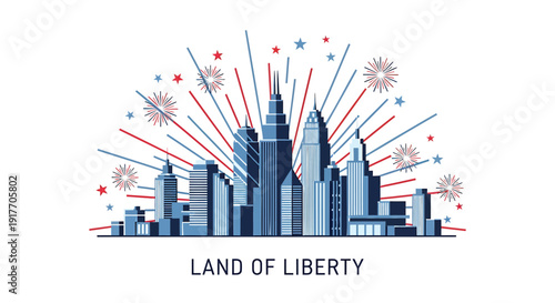 American cityscape icon with fireworks, Land of Liberty theme. Celebratory urban landscape with skyscrapers and explosive effects. Created in modern vector style with blue, red, and white colors