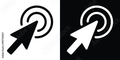 Mouse cursor arrow clicking on concentric circle targets. Modern UI icon for user interaction, navigation, and digital selection. Minimalist black and white vector graphics for web design.
