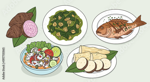 Healthy and delicious food dishes with fresh ingredients, exotic roots, fish