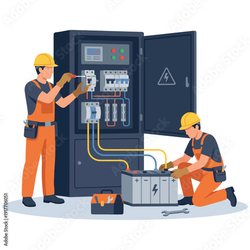 Electricians Repairing Electrical Panel & Battery Flat Vector Illustration