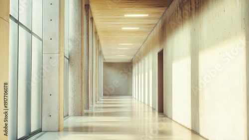 Modern corridor with minimalist wood panels and precast concrete walls, long glass windows bathing the empty hallway in bright natural sunlight and sharp floor shadows