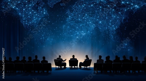 Global Dialogue: Silhouette figures of speakers engage in a lively discussion against a backdrop of the world map, illuminated with interconnected dots.