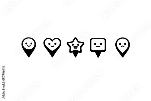 Four white minimalist icons representing different emotions are displayed on a solid black background, including a happy circle, a smiling heart, a neutral square, and a sad teardrop shape.