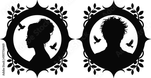 Vintage silhouette portraits, ornate frames, decorative leaf motifs, artistic design, profile icons, cultural vector, whimsical birds, classic illustration