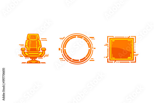 A set of three orange neon icons on a black background including a futuristic pilot seat, a circular portal frame, and a square digital interface element in a modern scifi style.